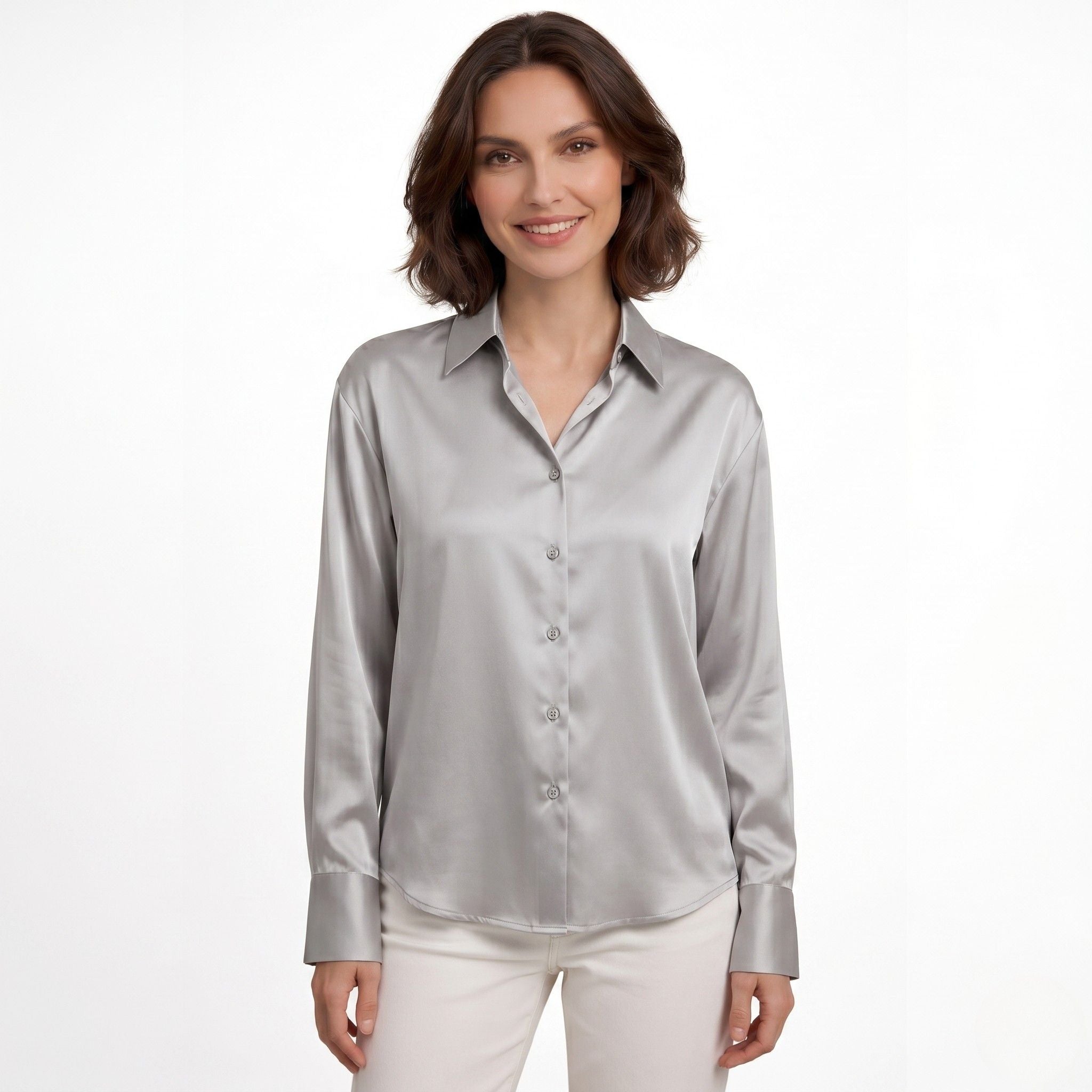 Women's Satin Blouse Long Sleeve Button-Down Point Collar Relaxed Fit