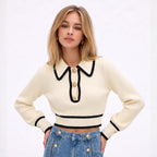 Women's Cropped Knit Jumper Polo Collar Ribbed Contrast Trim Gold Button