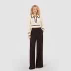 Women's Cropped Knit Jumper Polo Collar Ribbed Contrast Trim Gold Button