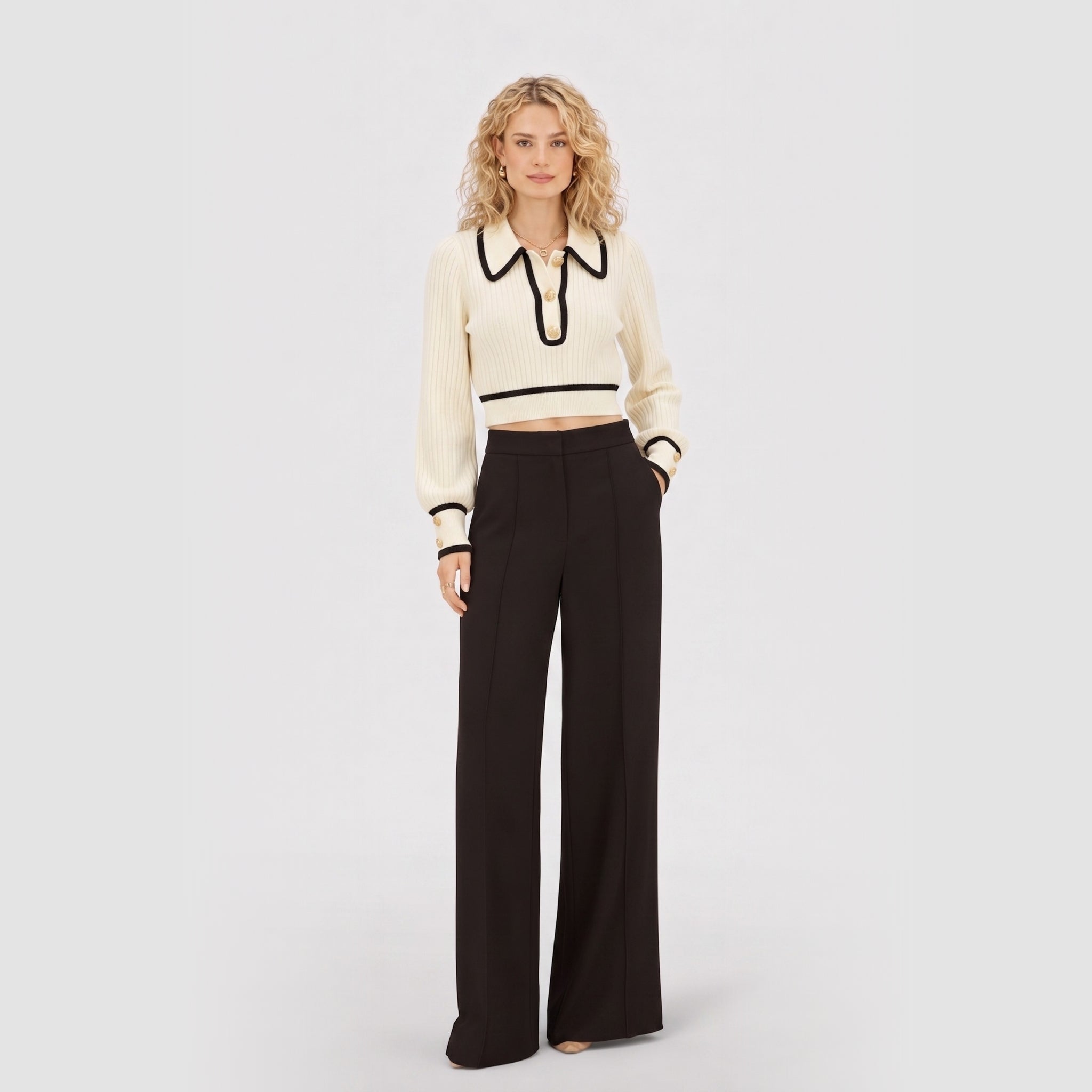 Women's Cropped Knit Jumper Polo Collar Ribbed Contrast Trim Gold Button