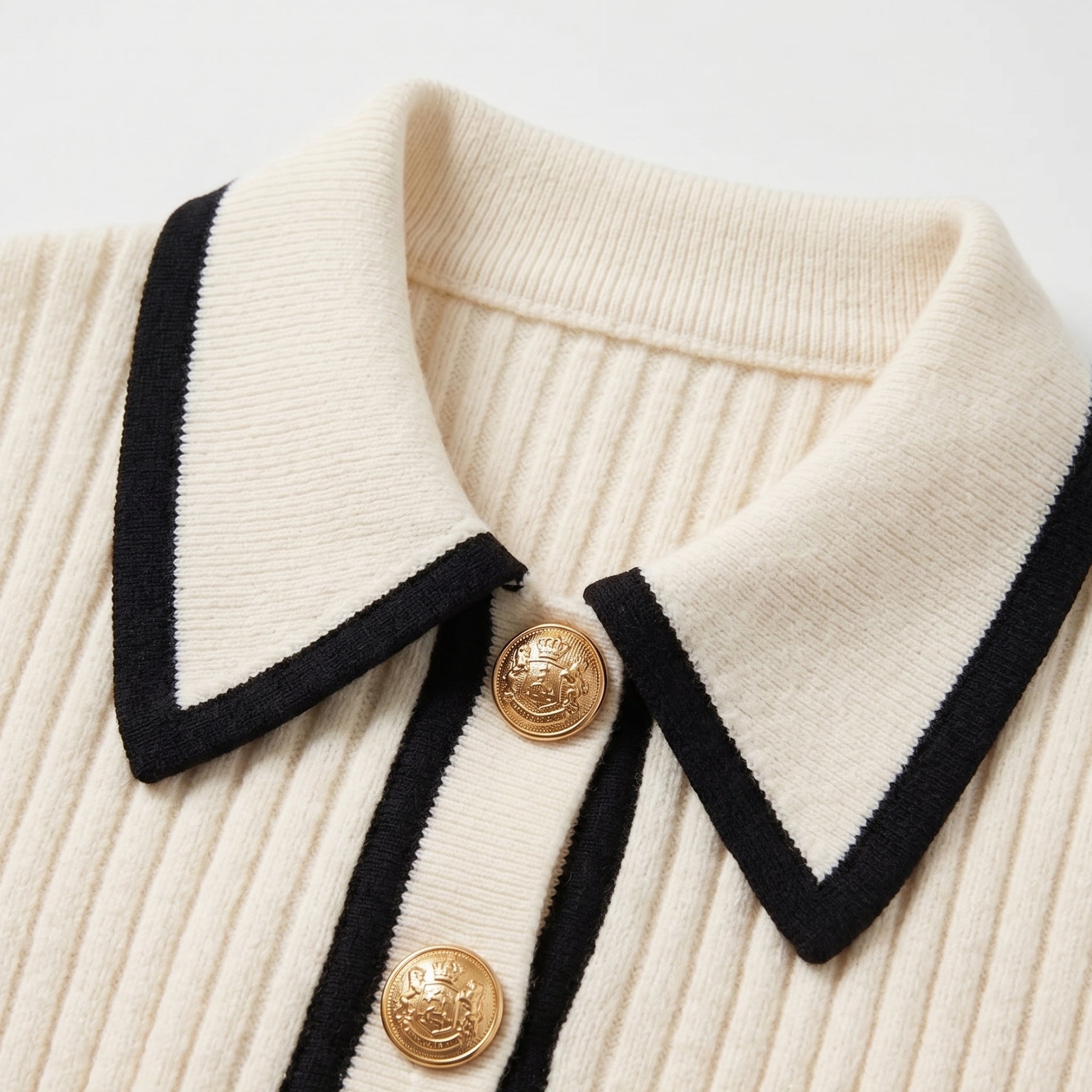 Women's Cropped Knit Jumper Polo Collar Ribbed Contrast Trim Gold Button