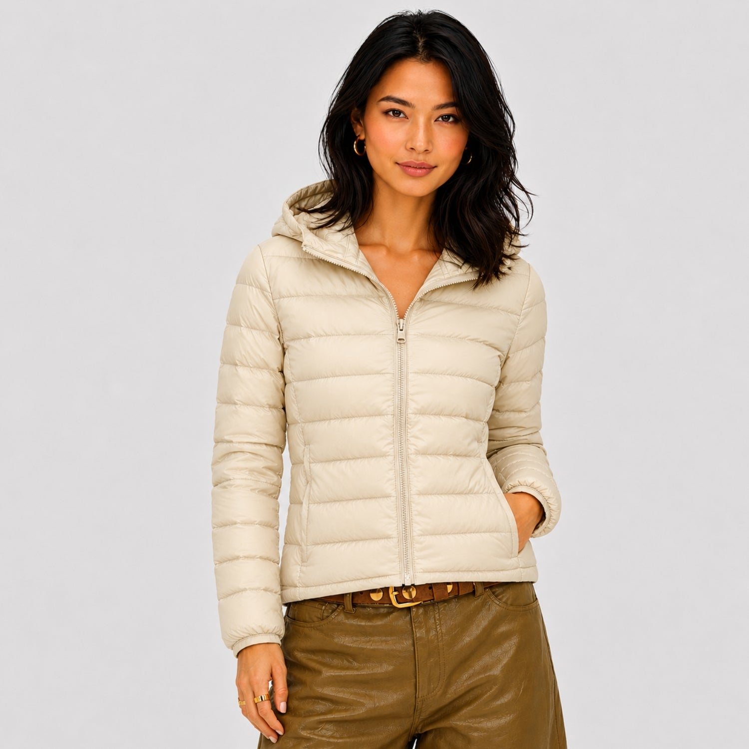 Women's Lightweight Padded Jacket Hooded Zip-Up Regular Fit