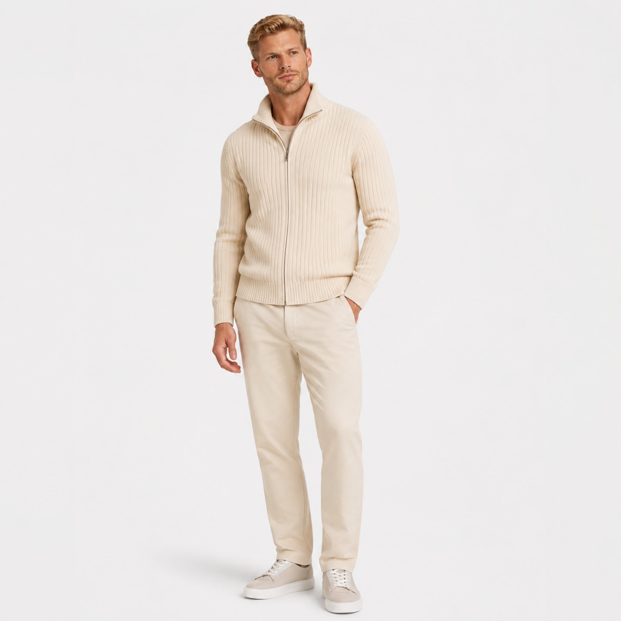 Men's Knit Cardigan Full-Zip Funnel Neck Ribbed Regular Fit