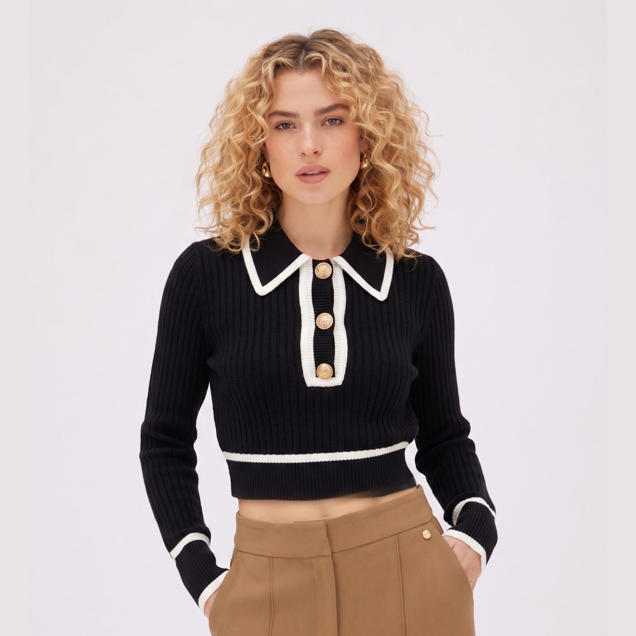 Women's Cropped Knit Jumper Polo Collar Ribbed Contrast Trim Gold Button