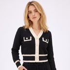 Women's Cropped Knit Cardigan V-Neck Contrast Trim Pearl Button Patch Pockets Regular Fit