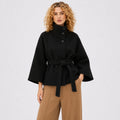 Women's Batwing Coat Jacket Funnel Neck Tie Waist Cropped Fit