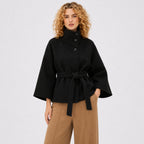 Women's Batwing Coat Jacket Funnel Neck Tie Waist Cropped Fit