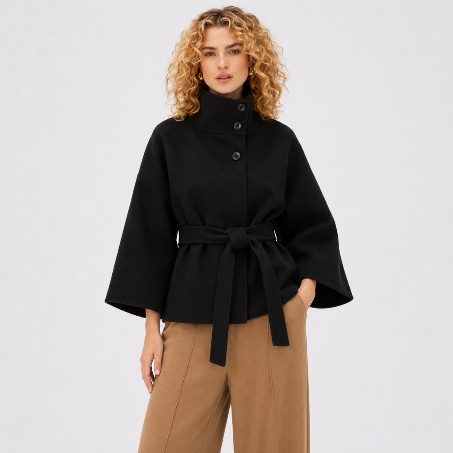 Women's Batwing Coat Jacket Funnel Neck Tie Waist Cropped Fit