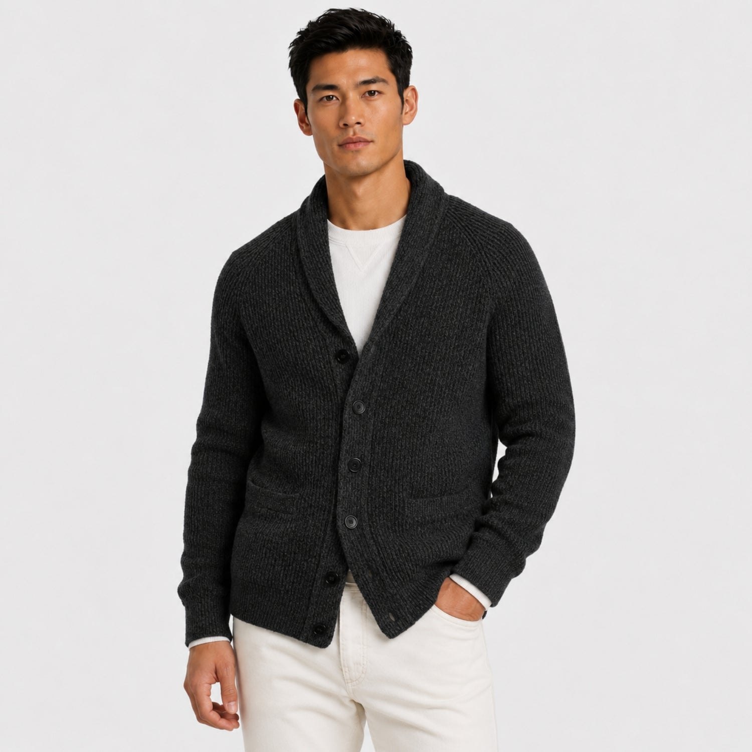 Men's Ribbed Cardigan Shawl Collar Patch Pockets