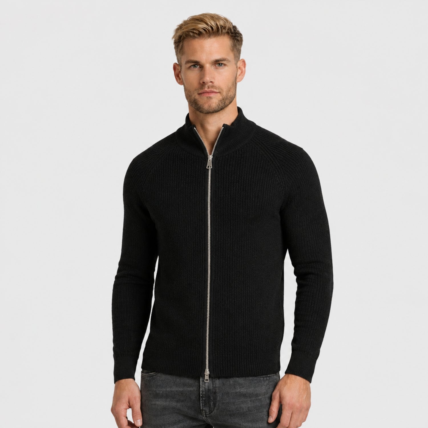 Men's Ribbed Cardigan Full-Zip Mock Neck Sleeve Regular Fit