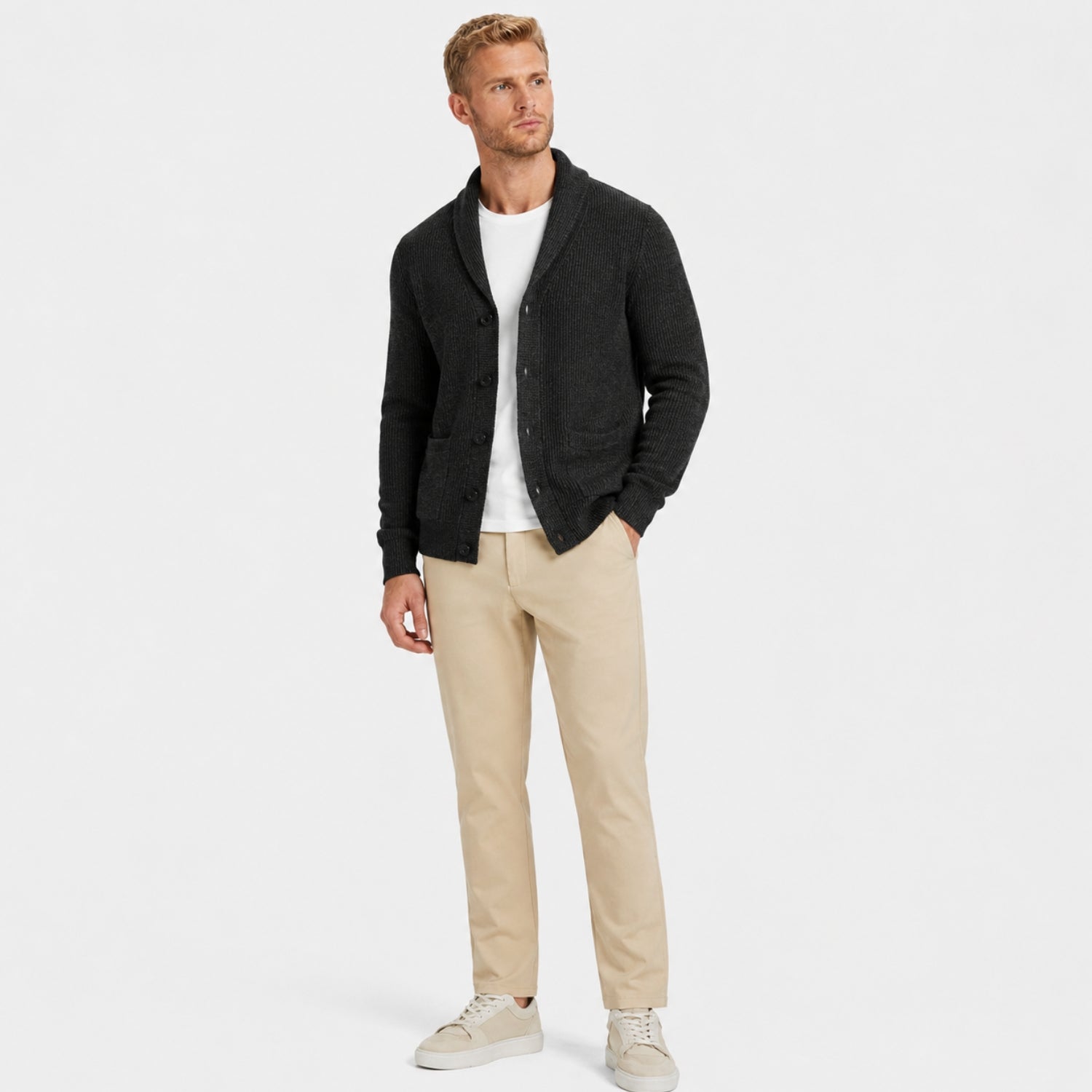 Men's Ribbed Cardigan Shawl Collar Patch Pockets
