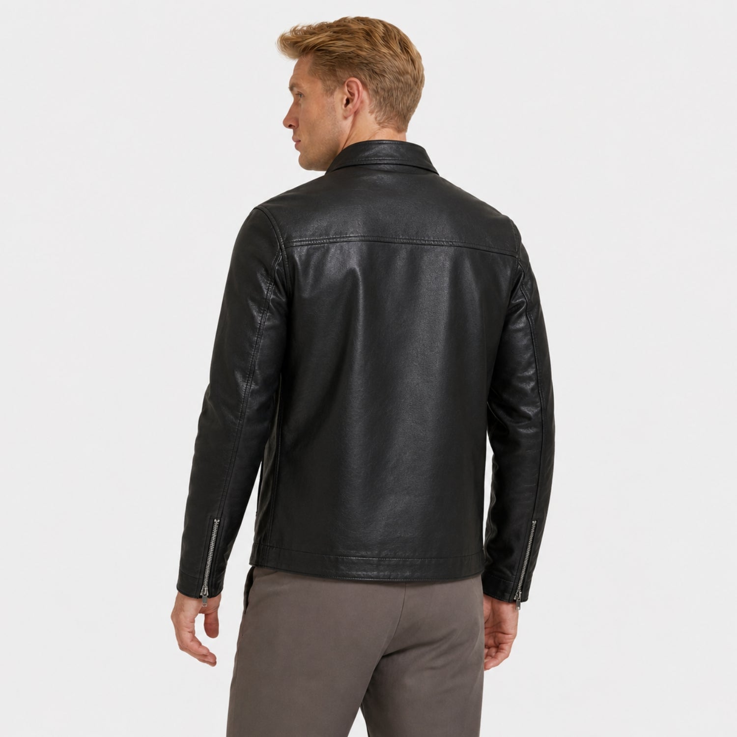 Men's Faux Leather Jacket Biker Collar Zip-Up Regular Fit