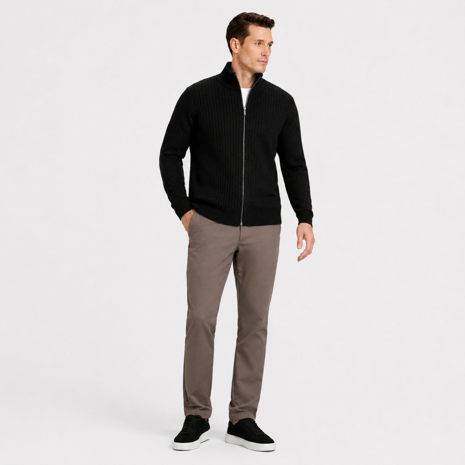 Men's Cardigan Full-Zip Funnel Neck Ribbed Regular Fit