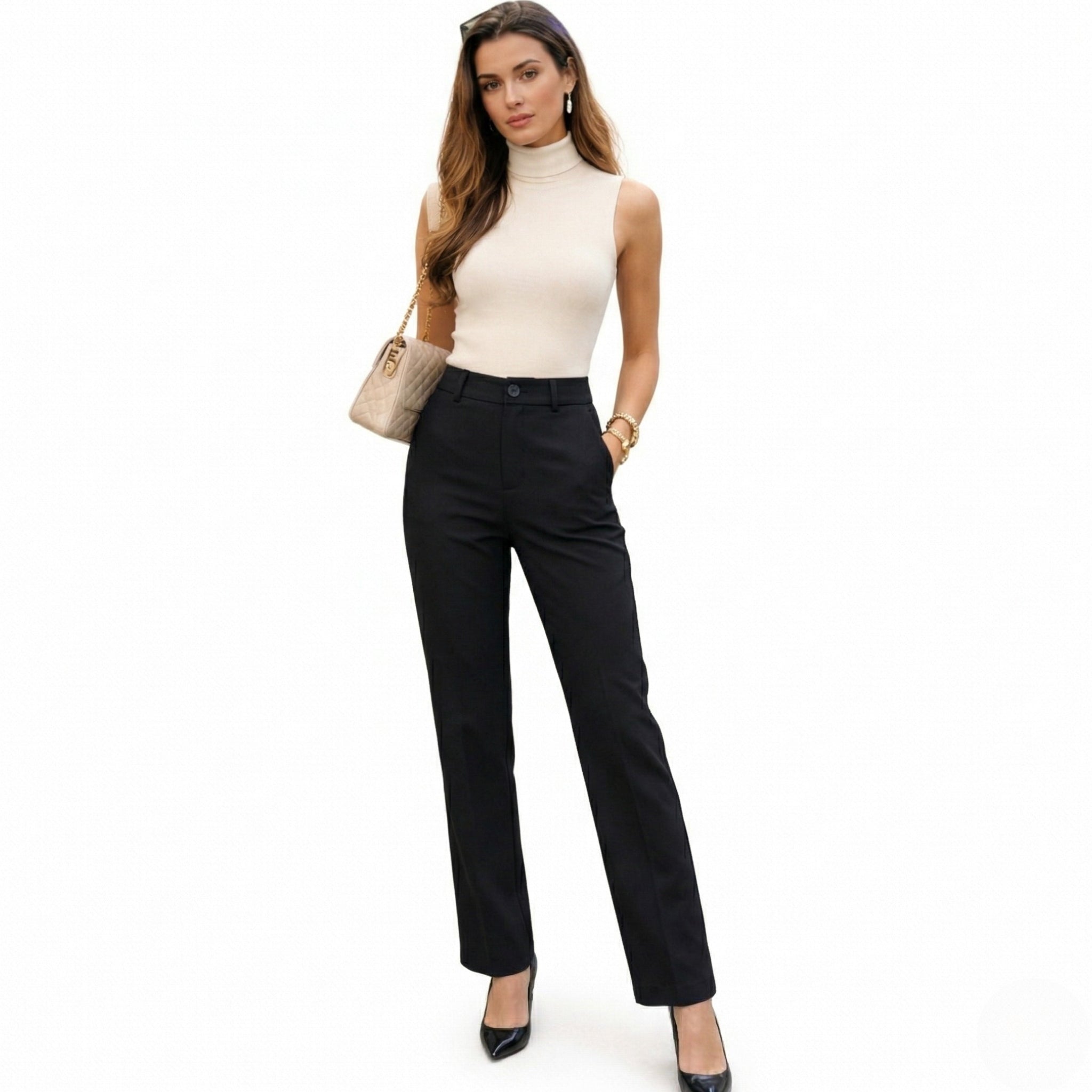 Women's Tailored Trousers Mid-Rise Flat-Front Straight Fit