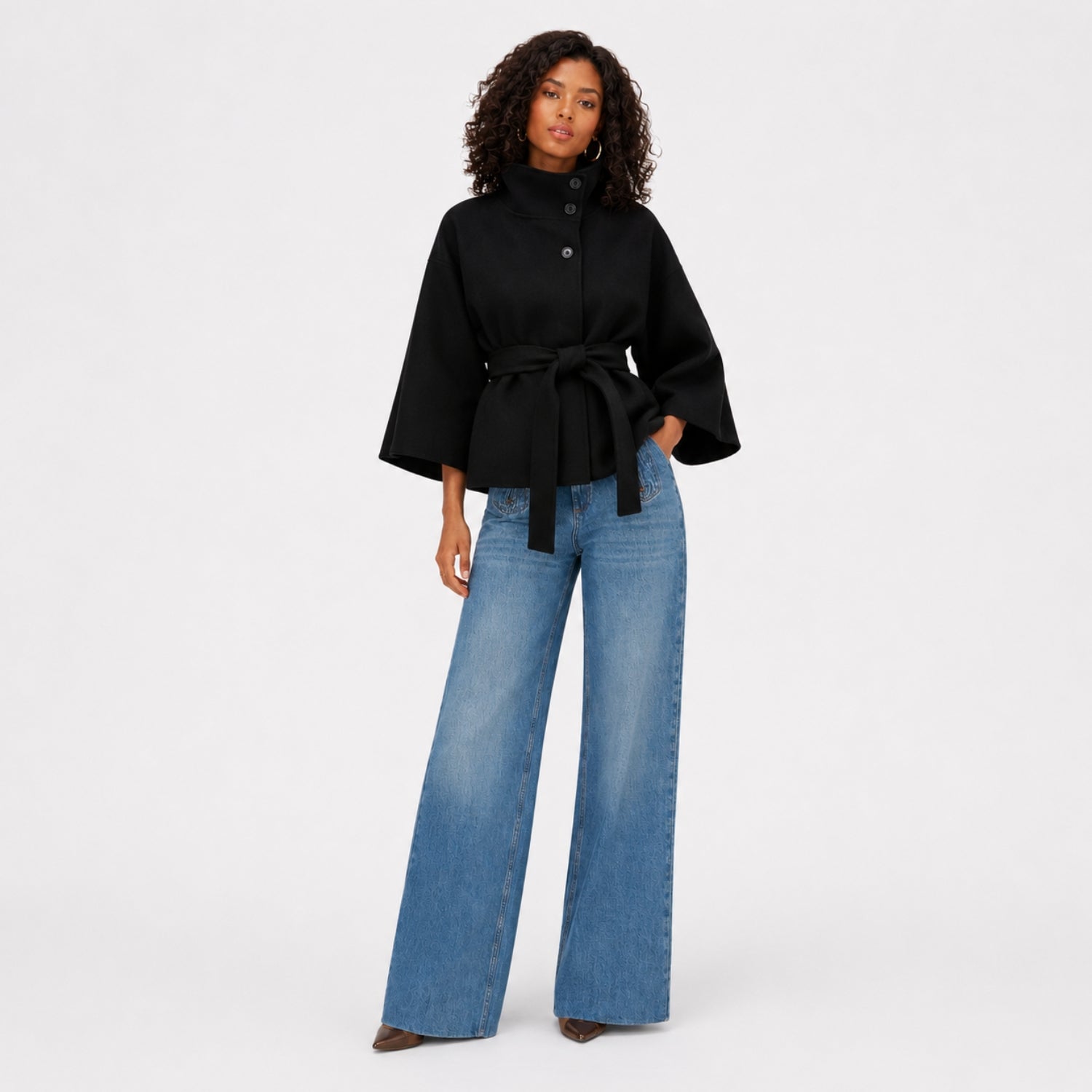 Women's Batwing Coat Jacket Funnel Neck Tie Waist Cropped Fit