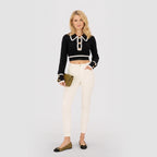 Women's Cropped Knit Jumper Polo Collar Ribbed Contrast Trim Gold Button