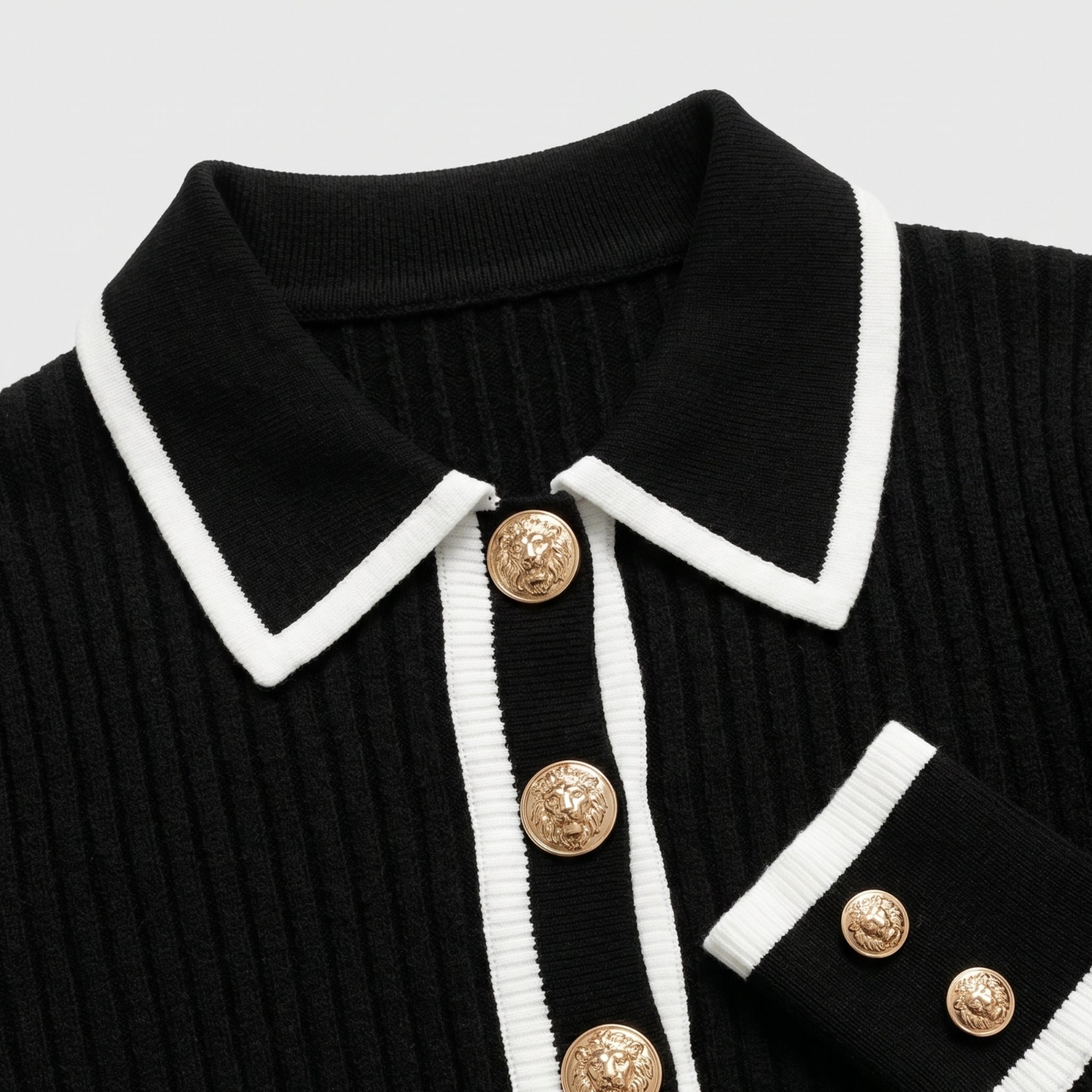 Women's Cropped Knit Jumper Polo Collar Ribbed Contrast Trim Gold Button