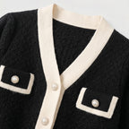 Women's Cropped Knit Cardigan V-Neck Contrast Trim Pearl Button Patch Pockets Regular Fit