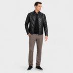 Men's Faux Leather Jacket Biker Collar Zip-Up Regular Fit
