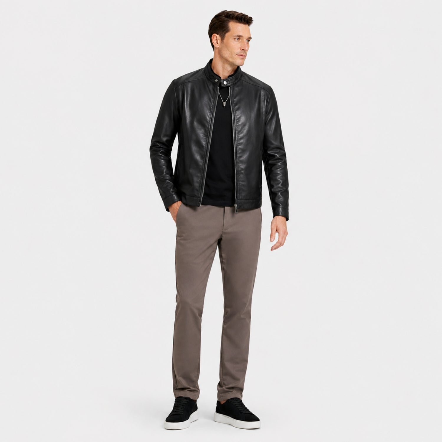 Men's Faux Leather Jacket Biker Collar Zip-Up Regular Fit