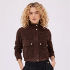 Women's Suede Jacket Funnel Neck Snap Button Regular Fit