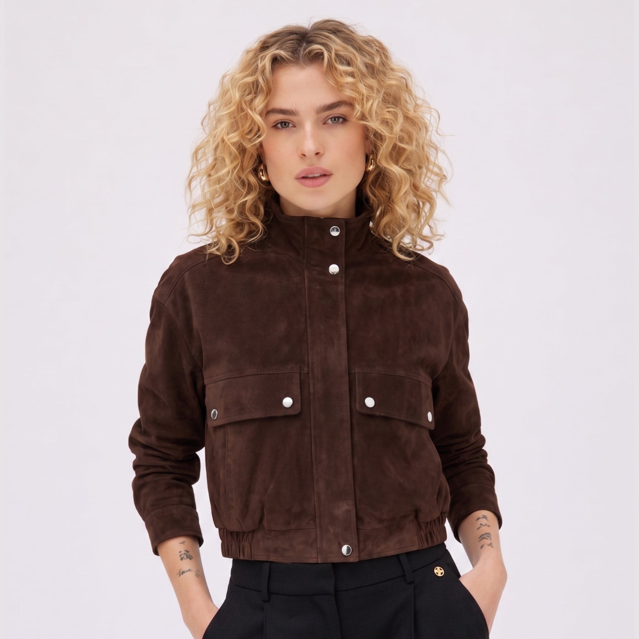 Women's Suede Jacket Funnel Neck Snap Button Regular Fit