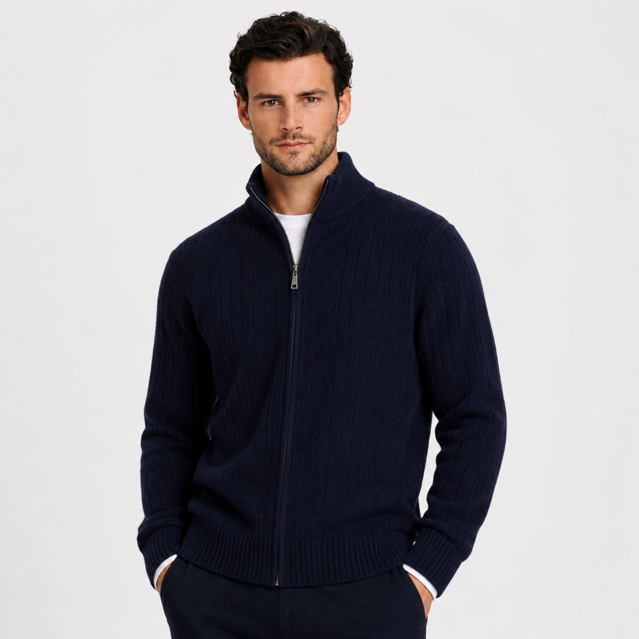 Men's Knit Cardigan Full-Zip Funnel Neck Ribbed Regular Fit