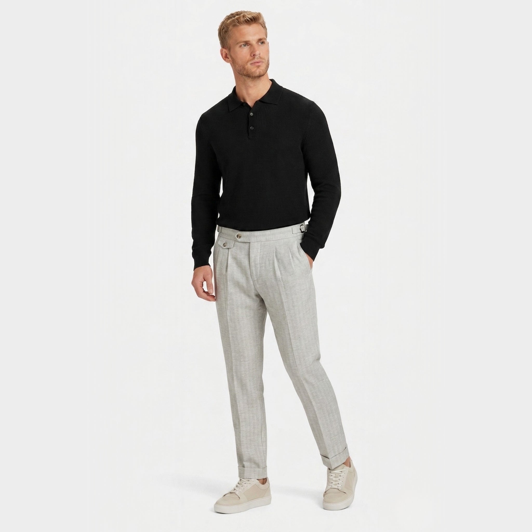 Men's Side Adjuster Trousers Waistband Pleated Tapered Fit