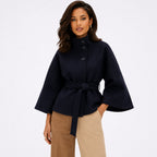 Women's Batwing Coat Jacket Funnel Neck Tie Waist Cropped Fit
