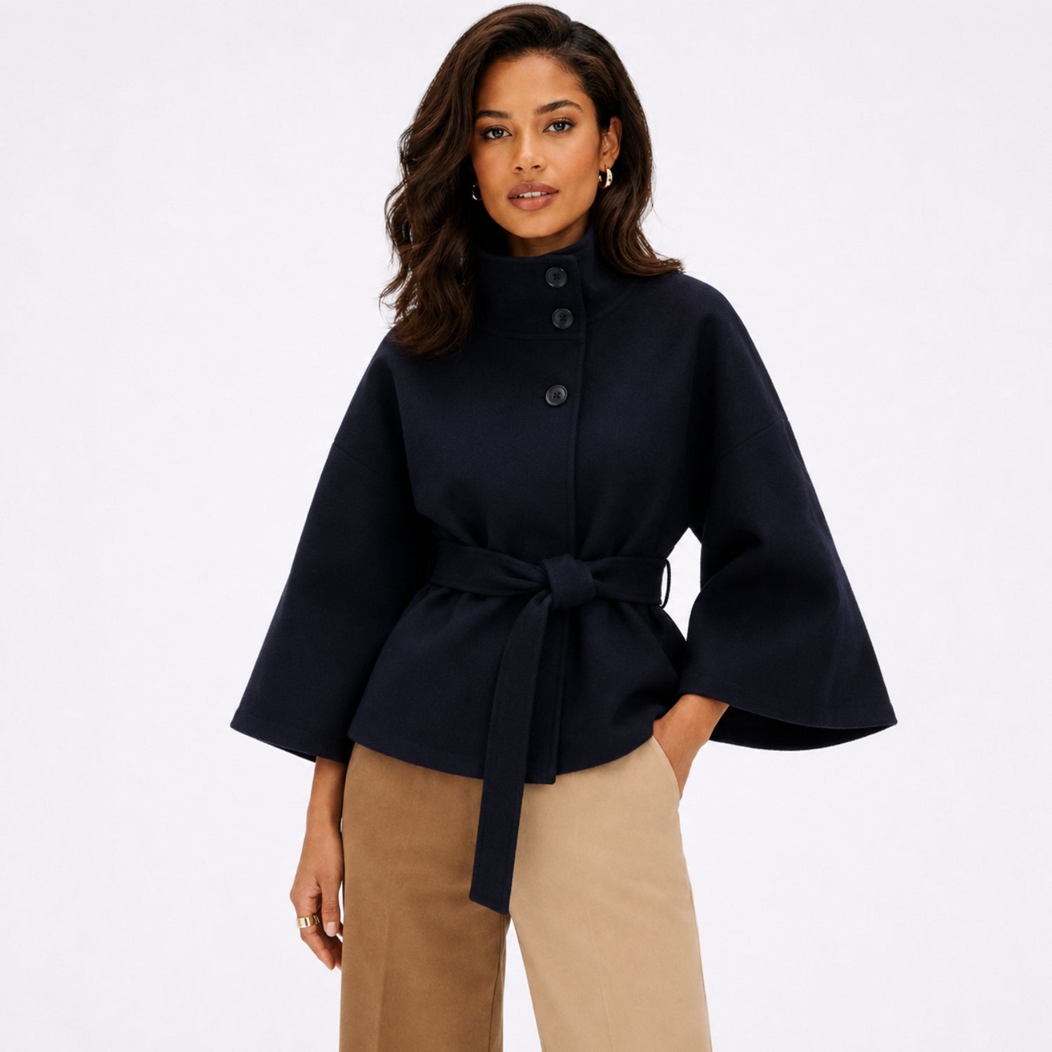 Women's Batwing Coat Jacket Funnel Neck Tie Waist Cropped Fit