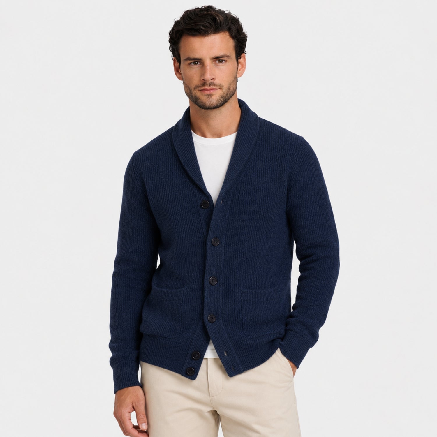 Men's Ribbed Cardigan Shawl Collar Patch Pockets