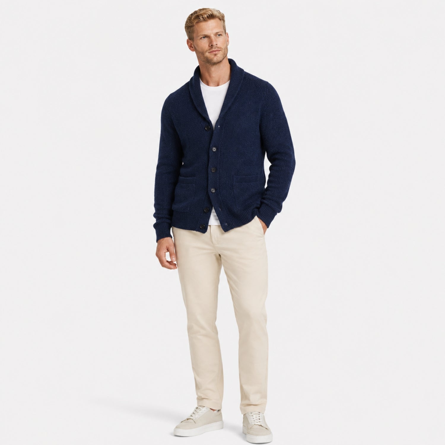 Men's Ribbed Cardigan Shawl Collar Patch Pockets