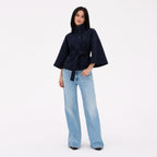 Women's Batwing Coat Jacket Funnel Neck Tie Waist Cropped Fit