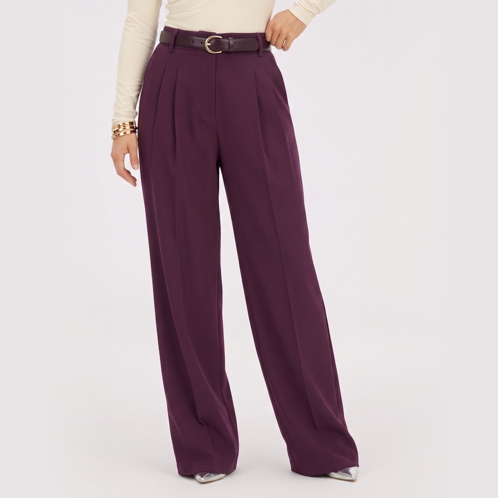Women's High-Waist Trousers Double-Pleat Wide-Leg Fit