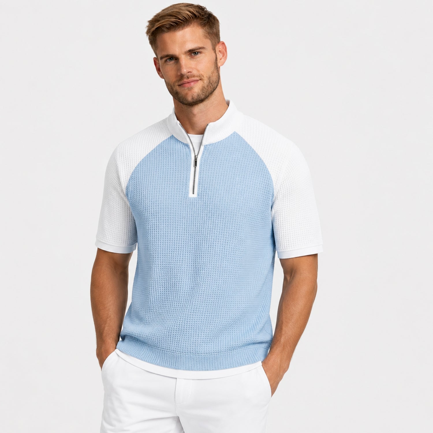 Men's Waffle jumper Quarter-Zip Colour Block Regular Fit