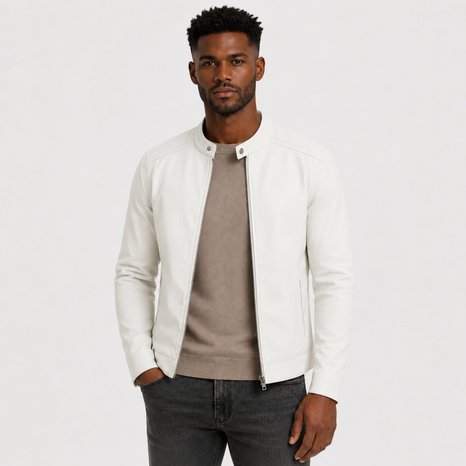 Men's Faux Leather Jacket Biker Collar Zip-Up Regular Fit