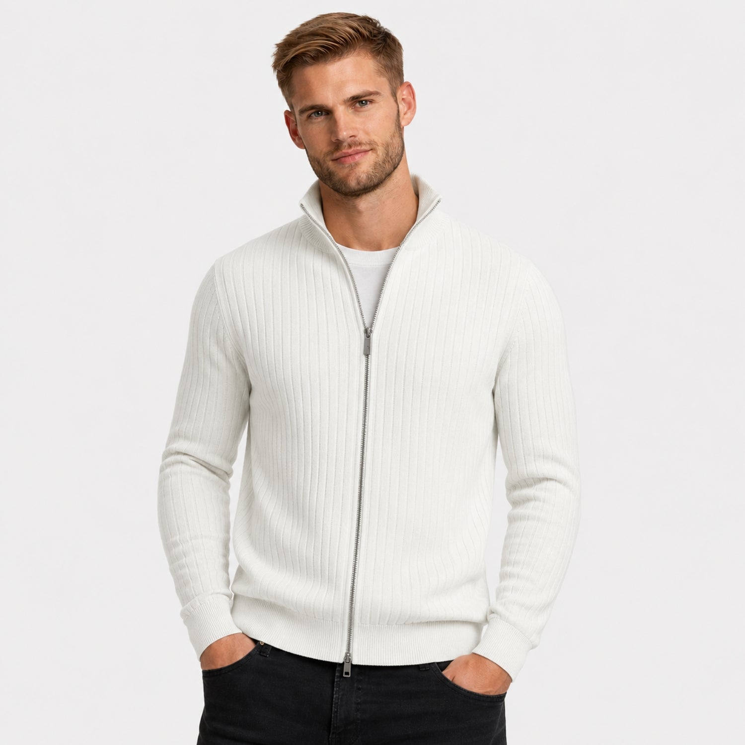 Men's Cardigan Full-Zip Funnel Neck Ribbed Regular Fit