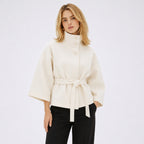 Women's Batwing Coat Jacket Funnel Neck Tie Waist Cropped Fit