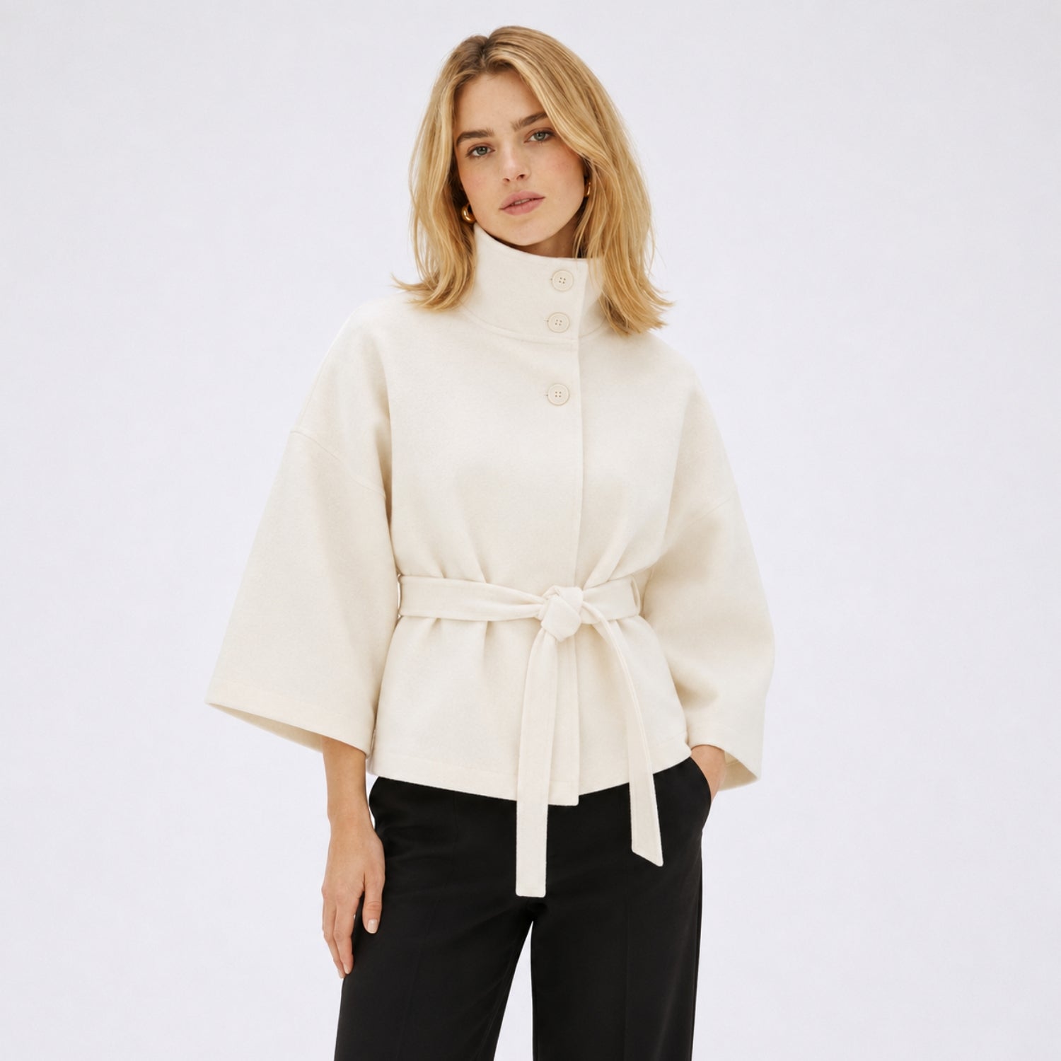 Women's Batwing Coat Jacket Funnel Neck Tie Waist Cropped Fit