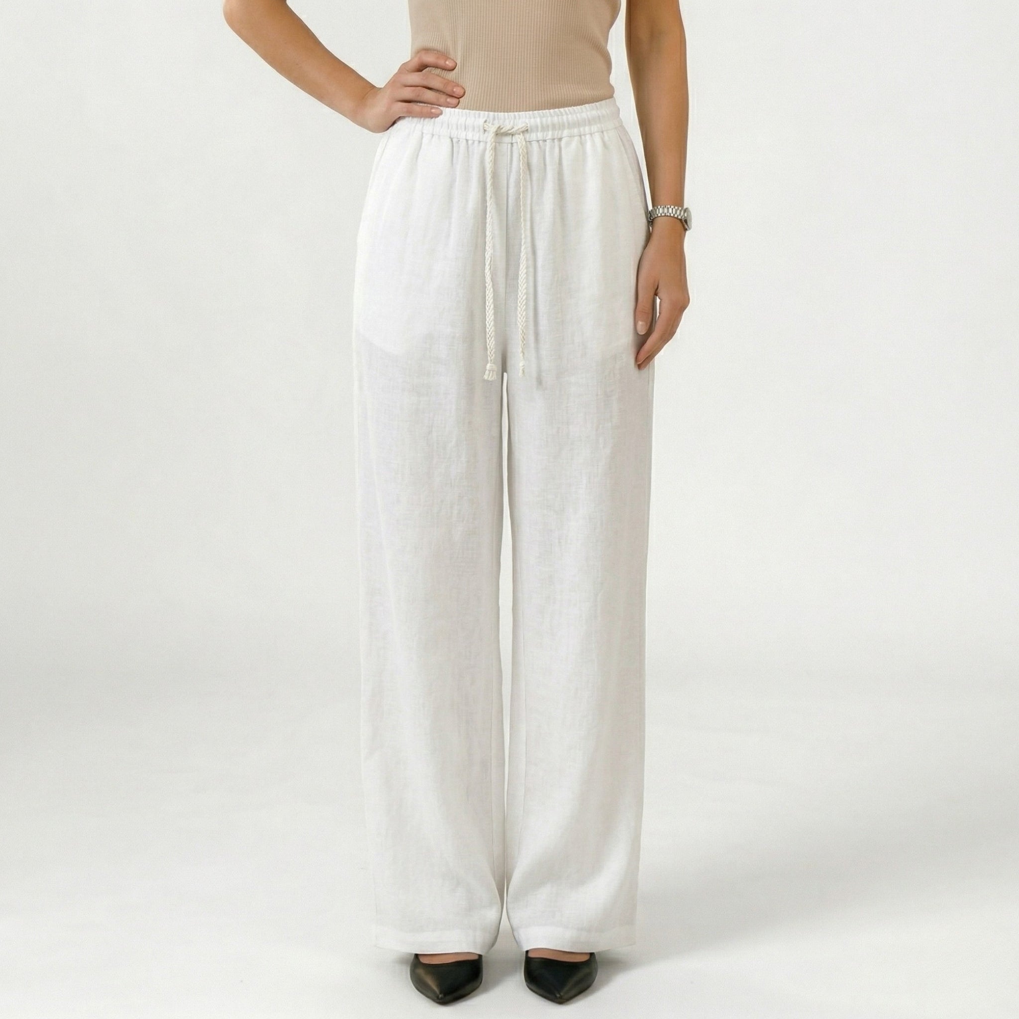 Women's Linen Trousers Drawstring Elasticated Waistband Wide-Leg Fit
