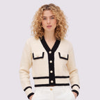 Women's Cropped Knit Cardigan V-Neck Contrast Trim Pearl Button Patch Pockets Regular Fit