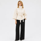 Women's Batwing Coat Jacket Funnel Neck Tie Waist Cropped Fit