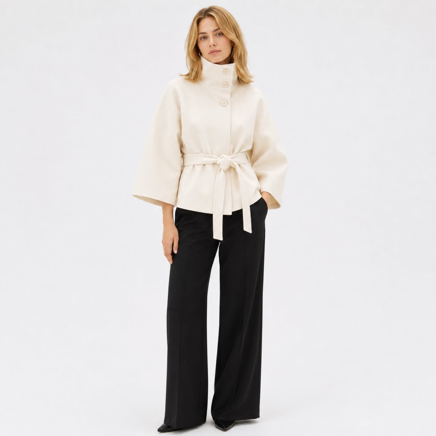 Women's Batwing Coat Jacket Funnel Neck Tie Waist Cropped Fit