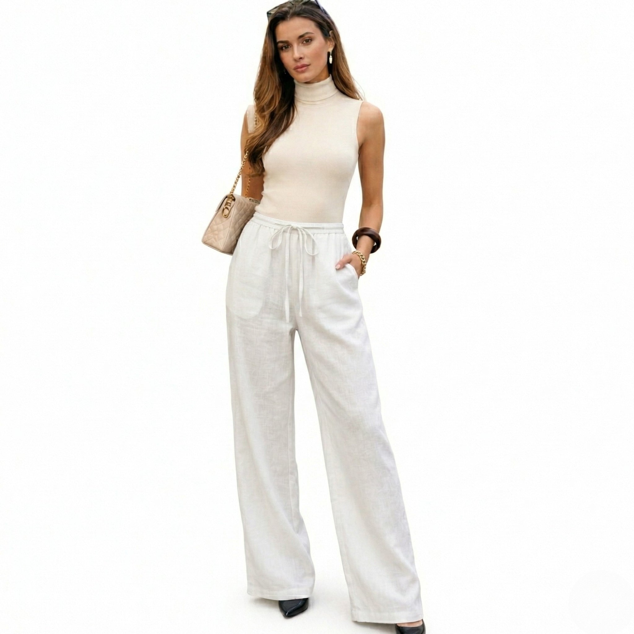 Women's Linen Trousers Drawstring Elasticated Waistband Wide-Leg Fit