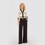 Women's Cropped Knit Cardigan V-Neck Contrast Trim Pearl Button Patch Pockets Regular Fit
