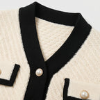 Women's Cropped Knit Cardigan V-Neck Contrast Trim Pearl Button Patch Pockets Regular Fit