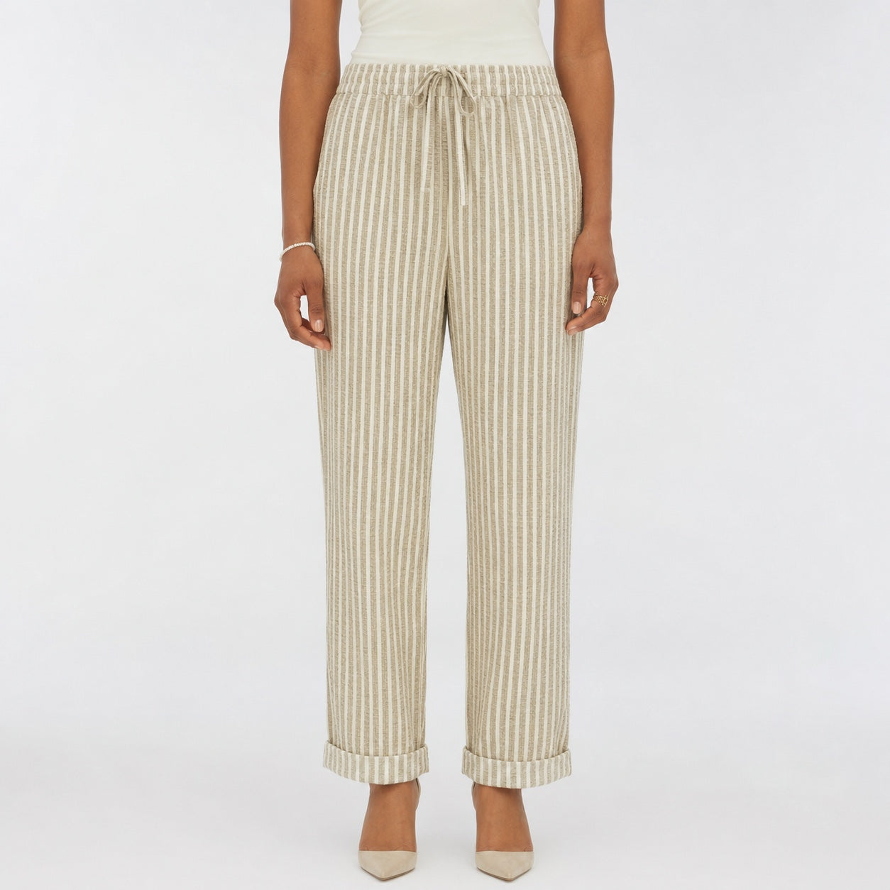 Apricot striped drawstring cropped trousers front