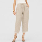 Apricot striped drawstring cropped trousers close view