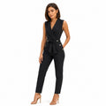 Women's Wrap-Neck Belted Jumpsuit Sleeveless Fit