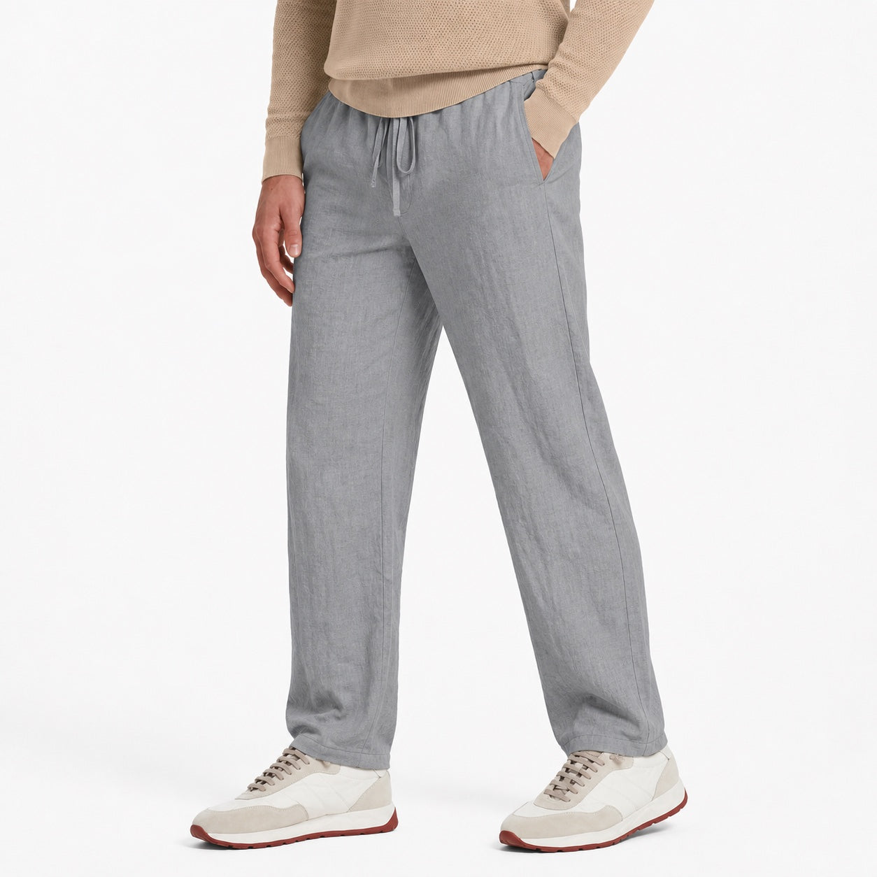 Men's Linen-Look Drawstring Trousers Elasticated Waist Relaxed Fit